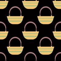 Seamless pattern with yellow oval beach bag with green geometric on black background.Bright summer pattern for textiles.For beachwear.Vector illustration vector