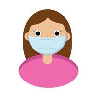 una niña con una máscara médica protectora. ilustración plana. una mujer con cabello castaño y un suéter carmesí. estilo de dibujos animados. cabeza y cuello humanos. ilustración vectorial vector