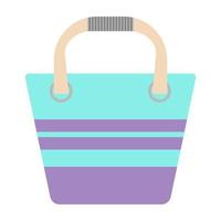 Beach bag with stripes and trapezoidal shape.Turquoise bag.Flat illustration.Bag isolated on a white background.High wooden handles.Vector illustration vector