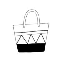 Beach bag with strips of trapezoidal shape.Black and white bag.Doodle illustration.Bag isolated on a white background.High handles.Vector vector
