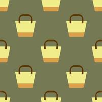 Seamless pattern with a yellow oval beach bag with a geometric pattern on a green background.Bright summer pattern for textiles.For beachwear.Vector illustration. vector