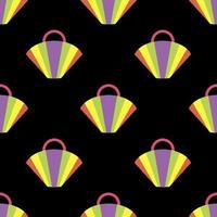 Seamless pattern with a multicolored beach bag on a black background.Bag in the form of a fan.Summer bright design for textiles.Vector illustration vector