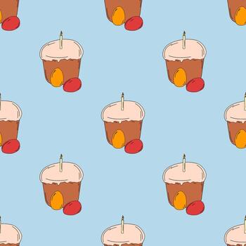 pastel de pascua de primavera con huevos y una vela. dibujando con la mano usando una línea. sobre un fondo azul. para las vacaciones de primavera, pascua, un regalo para las vacaciones. impresión en textiles y papel. vector