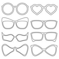 A set of stylish glasses drawn with a contour.Eyeglass frames for summer, party, beach.Decoration for the face.Vector illustration vector