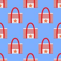 Seamless pattern with a geometric beach bag with red stripes and a starfish.Bright summer pattern for textiles on a blue background.For beachwear.Vector illustration vector