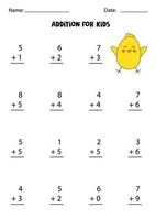 Addition worksheet with cute Easter chicken. Math game. vector