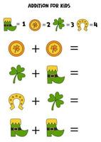 Addition for kids with Saint Patrick Day symbols. vector