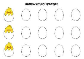 Tracing contours of cute colorful Easter chicks. Writing practice. vector