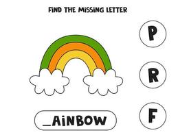 Find missing letter with cute rainbow. Spelling worksheet. vector