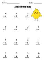 Addition worksheet with cute Easter chicken. Math game. vector