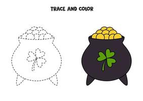 Trace and color cartoon Patrick day cauldron. Worksheet for children. vector