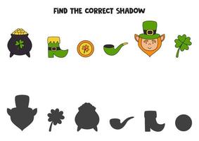 encuentra las sombras correctas de los lindos símbolos del día de san patricio. rompecabezas lógico para niños. vector