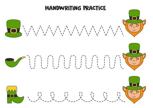 Tracing lines with Patrick day coins and cauldron. Writing practice. vector