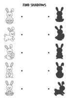 Find the correct shadows of black and white Easter bunnies. Logical puzzle for kids. vector