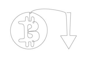 Continuous line drawing fall of bitcoin. Cryptocurrency index rating go down on exchange market. Vector illustration.