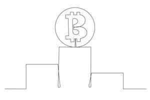 Continuous line drawing of bitcoin sign on a pedestal. For the design of materials, social networks and banners. Vector illustration.