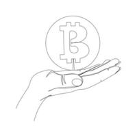 Continuous line drawing bitcoin in hand. For the design of materials, social networks and banners. Vector illustration.