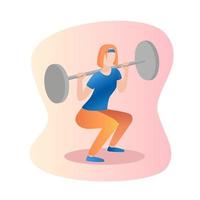 Ilustración del concepto de fitness de la mujer. Mujeres en cuclillas con barra. diseño plano. vector