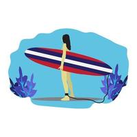 Mujer de verano con ilustración de vector de tabla de surf