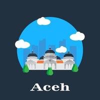Baiturrahman Grand Mosque is a Mosque located in the center of Banda Aceh city, Aceh Province, Indonesia. with flat design vector