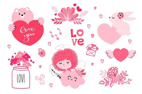 Valentine's day set. Cute bear with heart, cupid and bunny in pink. Collection of stickers or vector objects for holiday design