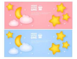 Invitation cards for baby shower. Cute illustrations for a boy and a girl with clouds and the moon vector