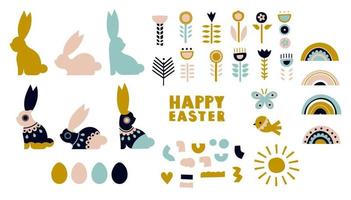 Easter set in boho style. A collection of decorative elements with rabbits, flowers and rainbows. Folk Nordic design vector