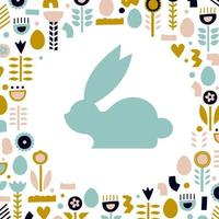 Silhouette of a rabbit in a round frame of flowers. Trendy design. Vector illustration for Easter