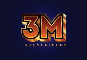 3d golden 3M subscribers social media celebration design. Vector illustration