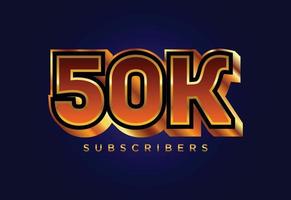 3d golden 50k subscribers social media celebration design. Vector illustration