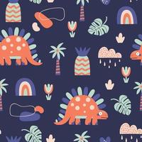 Seamless vector pattern with cute dinosaurs and design elements on a blue background.