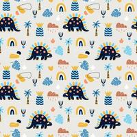 Seamless vector pattern with cute dinosaurs and design elements.