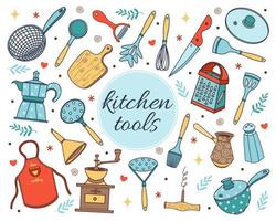 Kitchen tools collection of vector icons. Hand-drawn illustration isolated on white background. Kitchen utensils - knife, grater, frying pan, coffee maker, peeler, ladle, apron. Flat cartoon sketch