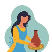 Potter girl. A woman sculpts a vase from clay behind a potter's wheel. Vector illustration of a sculptor on a white background. The artist creates a ceramic pot. DIY craft. Flat style. Color clipart