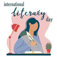 The girl sits at the table and writes in a notebook. Vector illustration for international literacy day. A young woman is engaged in self-education at home. Flat style. Hand-drawn color icon.