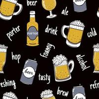 Beer in various containers seamless vector pattern. Alcohol in a mug, glass, can, bottle. Foamy drink on a black background. Hand drawn cold ale. Backdrop with an inscription. Colored doodle