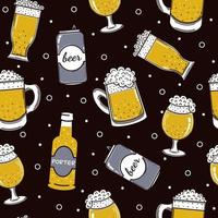 Beer packaging seamless vector pattern. Foamy drink in a bottle, can, glass, mug. Alcohol sketch. Cold ale on a black background. Flat style. Illustration for decoration and design of a pub or bar.