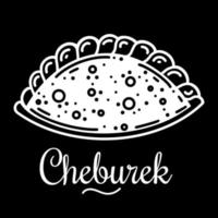 Appetizing fried cheburek vector icon. Isolated illustration of delicious baked goods on a black background. White contour pie with meat. Hand-drawn food sketch. Monochrome. Lettering concept.