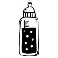 Baby food bottle vector icon. Isolated illustration of a glass container with breast milk on a white background. Hand-drawn black doodle. A cup with a nipple for feeding a newborn. Monochrome.