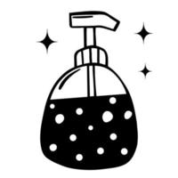 Dispensary for liquid soap vector icon. Isolated illustration of a hygiene product on a white background. Hand-drawn black doodle. Lation in a plastic pump bottle. Cosmetic stroke. Monochrome.