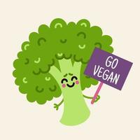 Cute cartoon broccoli vector icon. A funny green vegetable with a go vegan sign. Beautiful cabbage at the rally of vegetarians for healthy food. Colorful character in a flat style.