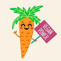 Cute cartoon carrot vector icon. Smiling orange vegetable with banner. Carrots with tops promotes proper vegetarian nutrition. Colored sketch of plant food. Funny character in a flat style.