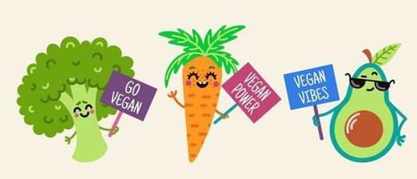Cute cartoon vegetables vector icons set. Carrots, avocado and broccoli with banners. The fruits promote proper plant nutrition. Illustration for World Vegetarian Day.
