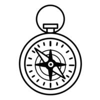 Compass vector icon. Hand drawn doodle on a white background. Hiking equipment for orienteering on the terrain. Round compass with holder, scale and arrow pointers. Monochrome illustration.