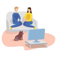 viendo la televisión en casa. hombre, mujer y perro. vector