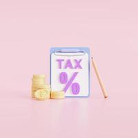 Concept tax payment. Coins and the tax form on pink background.  Data analysis, paperwork, financial research report, 3d render illustration photo