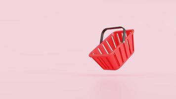 Online food and grocery concept. Red empty shopping basket on pink background. 3d render illustration. photo