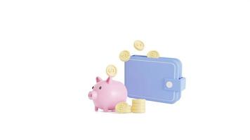 Pink piggy bank with wallet and gold coins on a white background. for saving money wealth and financial and start saving concept, copy space, 3D rendering illustration photo