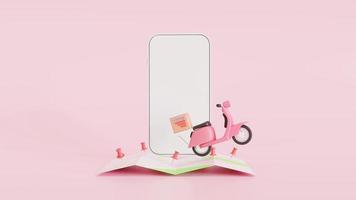 3D Map pins, GPS, navigator pin checking points, and smartphone Fast delivery package by scooter on a shop mobile phone. in E-commerce by the app. Tracking courier application. photo
