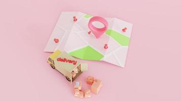 3D Map pins, GPS, navigator pin checking points Delivery truck van and Clipboard and boxes. Online delivery service concept. check delivery home and office. Fast service truck. 3d illustration photo